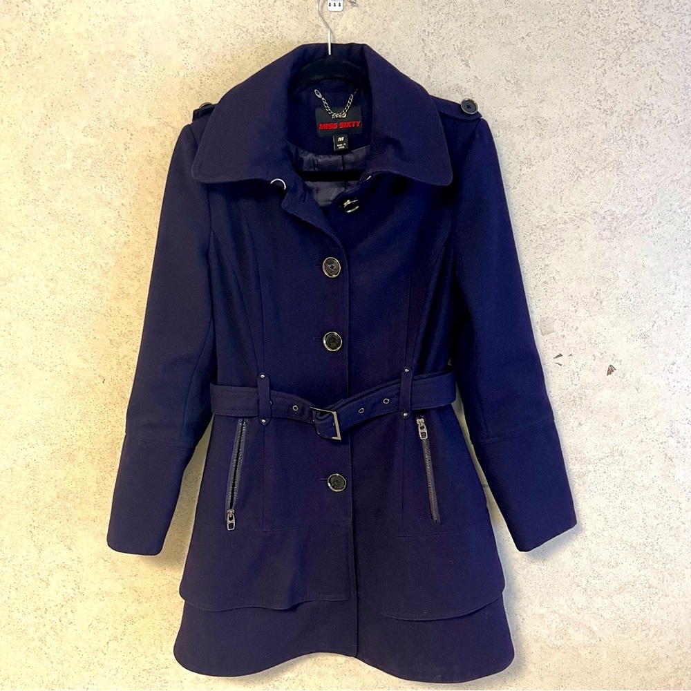 MISS SIXTY M WOMENS DEEP PURPLE BUTTONS‎ BELTED WOOL BLEND HEAVY LINED JACKET